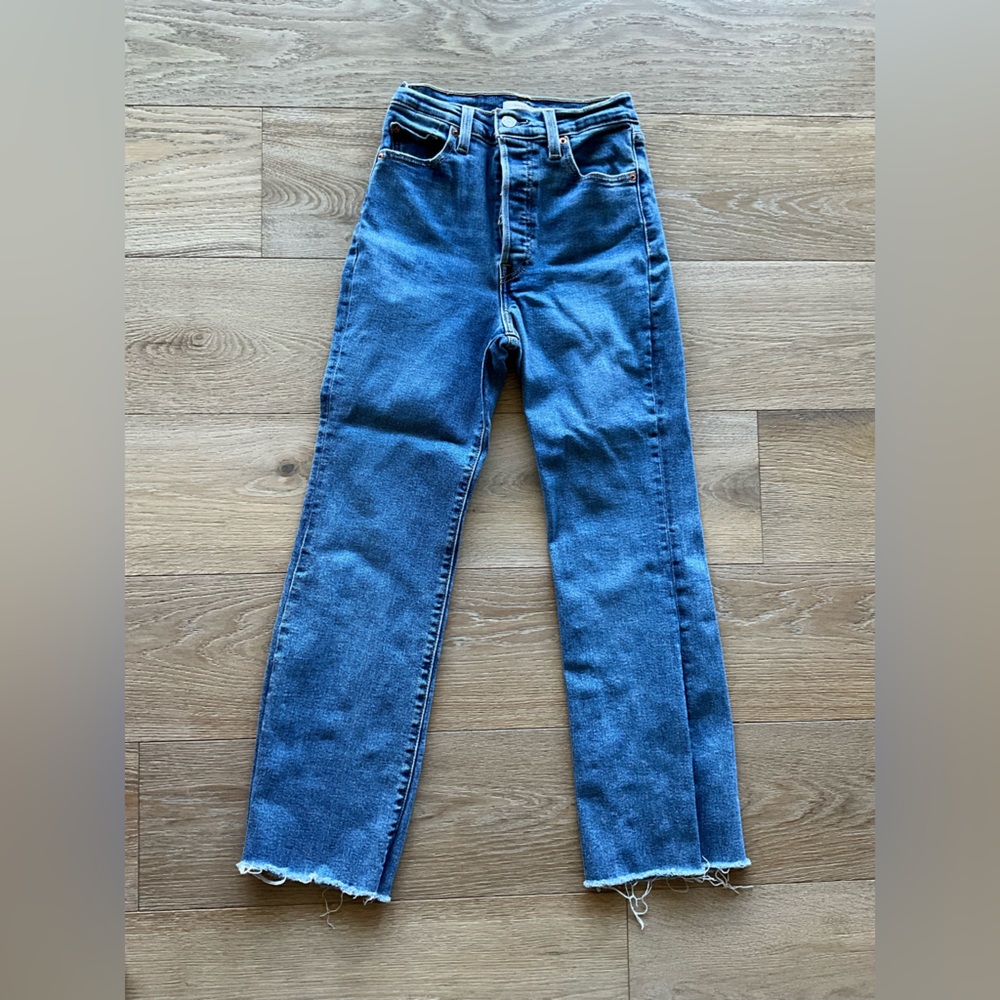 Levi's Blue High-Rise Ribcage Boot Button Fly Straight Jeans